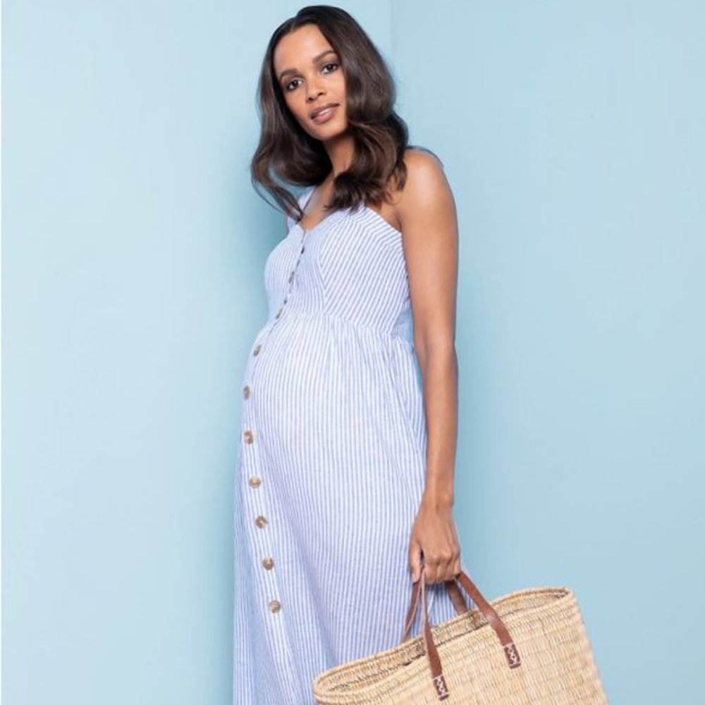 Seraphine Maternity Linen & Cotton Midi - Blue Pinstripe